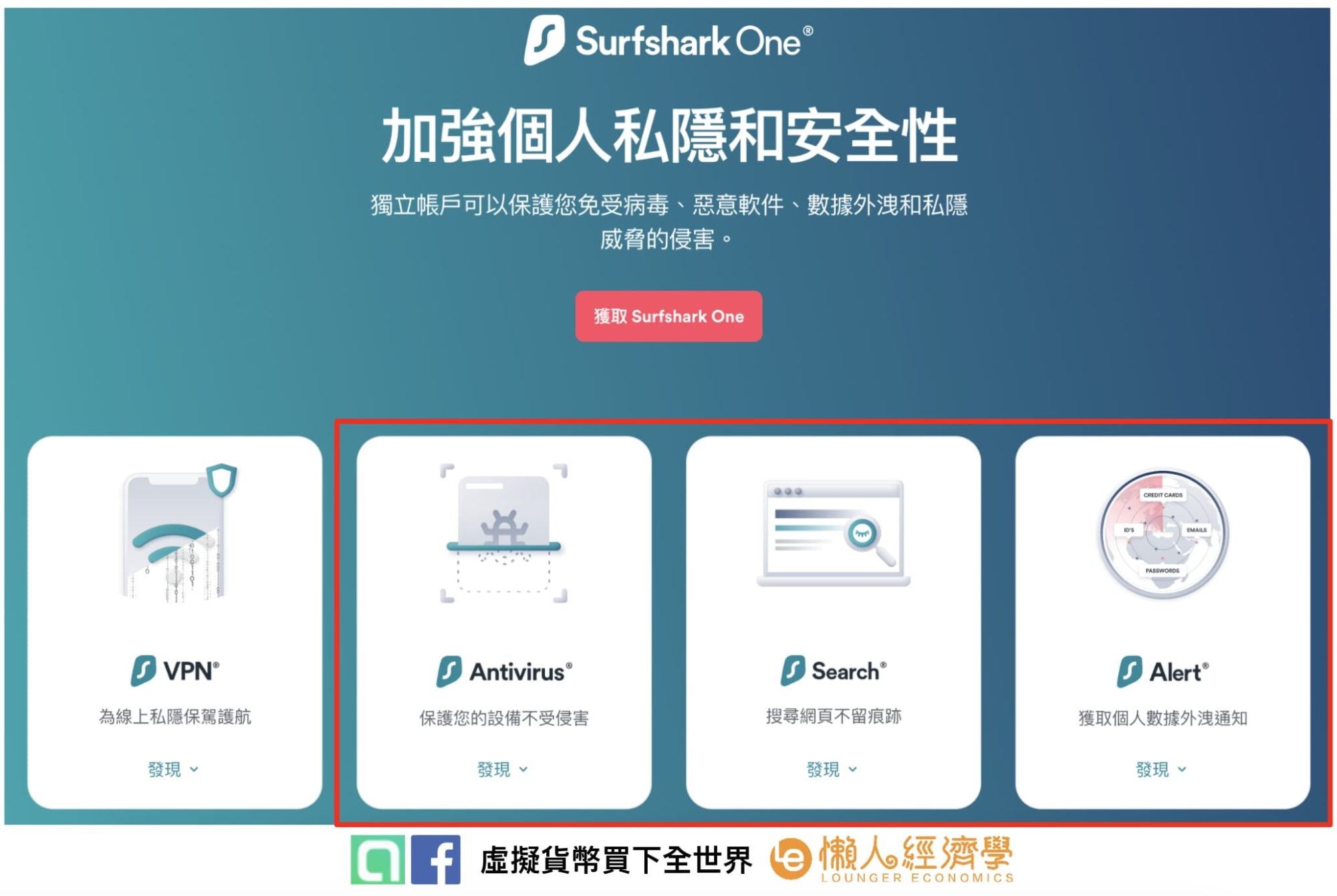 Surfshark One 是 Surfshark VPN 的附加服務，分別是 Antivirus、Search 以及 Alert，Surfshark VPN 本身只負責在你上網時更改 IP 地址同時保護你的隱私。